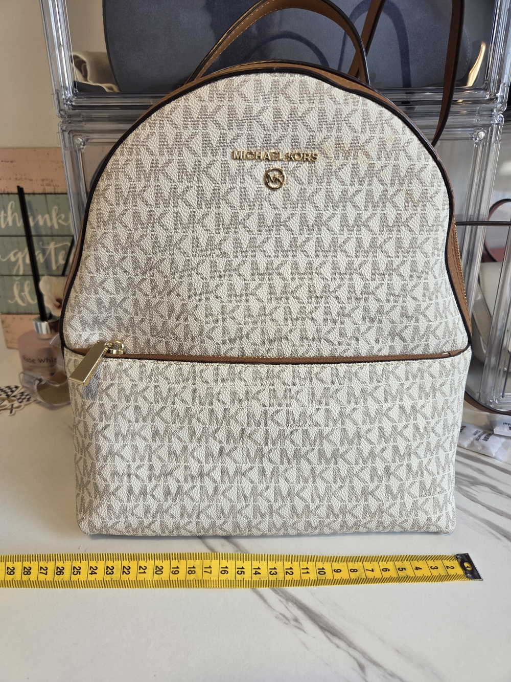 Michael Kors Cream and Brown Signature MK Backpack